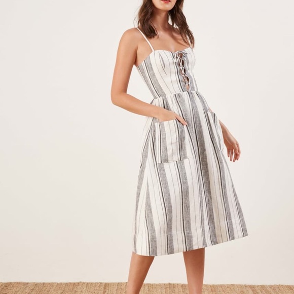 Perfect Linen Reformation Ellen Striped Lace-Up Midi Dress Feminine Flattering - Picture 6 of 6
